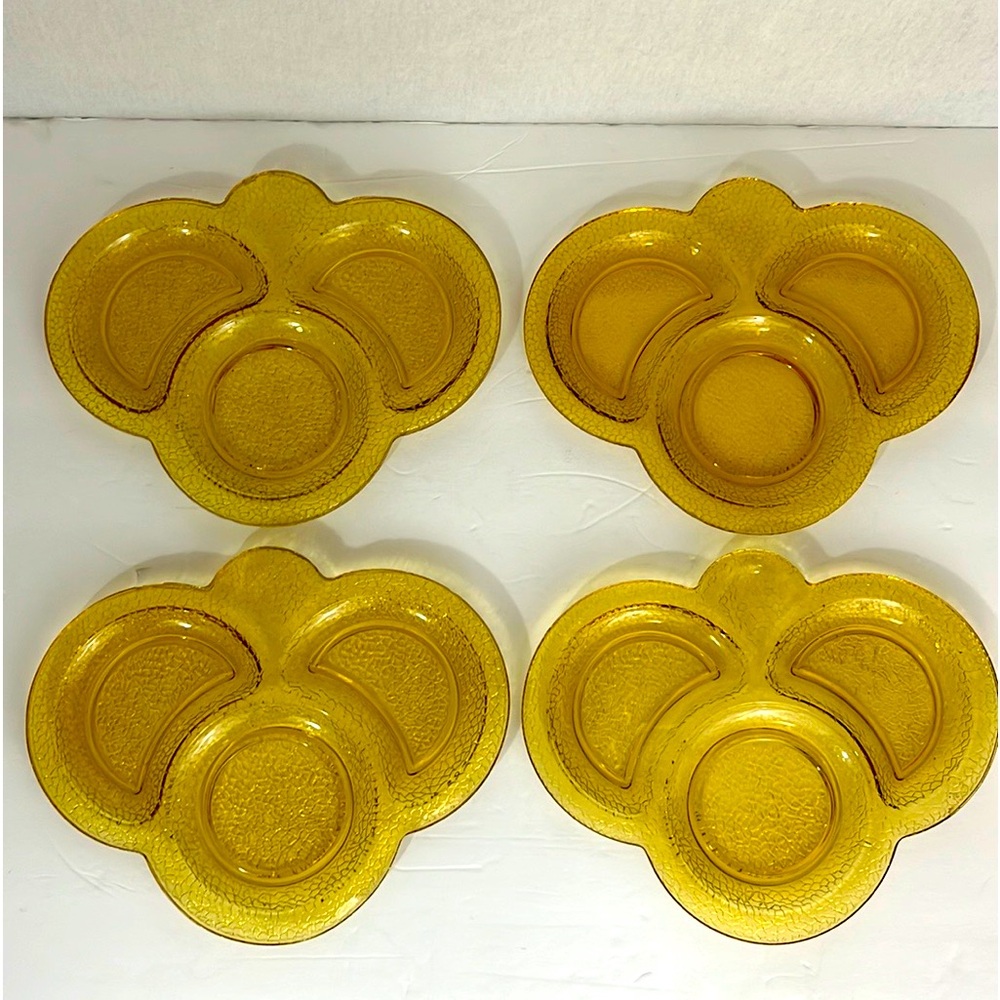 Vintage Set of 4 Art Deco Crackle Amber Glass Three Part Serving Dishes